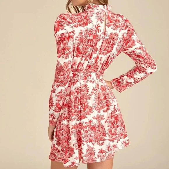 💢SOLD💢 SHEIN Frill Neck Puff Sleeve Landscape Print Belted Dress - Picture 6 of 8